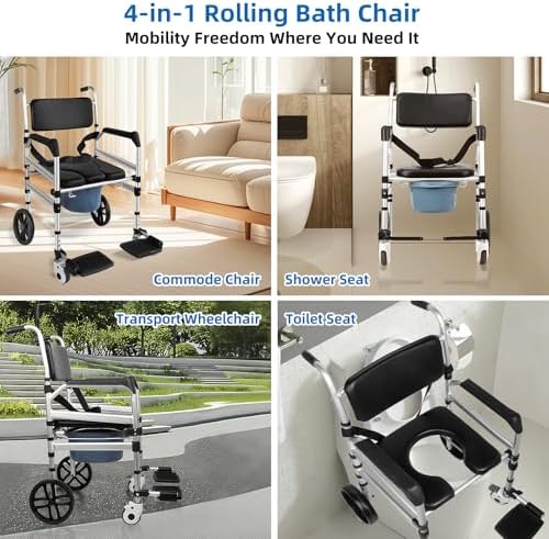 TooCust Rolling Shower Wheelchair with Commode, 350lbs Heavy Duty Transport Chair, 10-Inch Solid Rear Wheels, Water-Resistant Padded Seat, 4-in-1 Bariatric Bathroom Safety Aid for Seniors