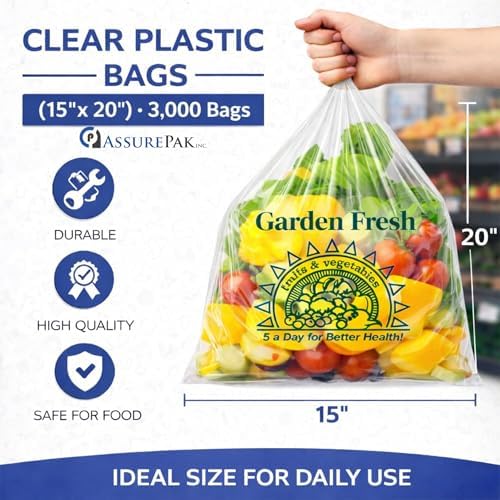 ASSUREPAK Clear Produce Bags Roll - 3000 bags - 15"x20" – (4 Rolls, 8 Microns) – for Grocery, Small Business, Reusable Produce Use, Food & Storage Needs, Garden Fresh, Narrow Profile, Kitchen Use