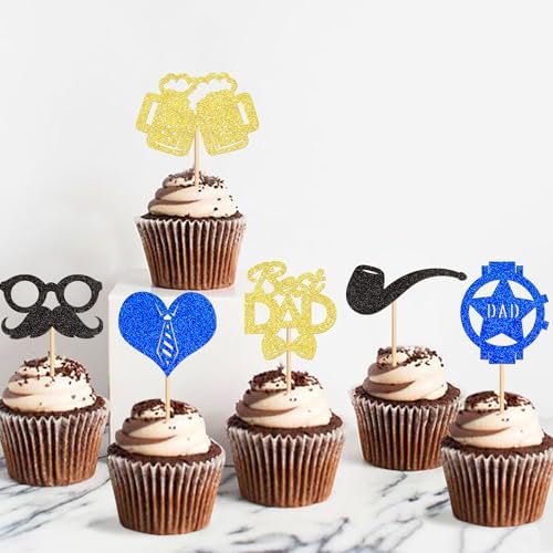 Ercaido 24PCS Best Dad Cupcake Toppers Hat Leather Shoes Cupcake Picks Moustache Tie Beers Food Picks for Father's Day Theme Office Dad Birthday Cupcake Cake Decorations Supplies