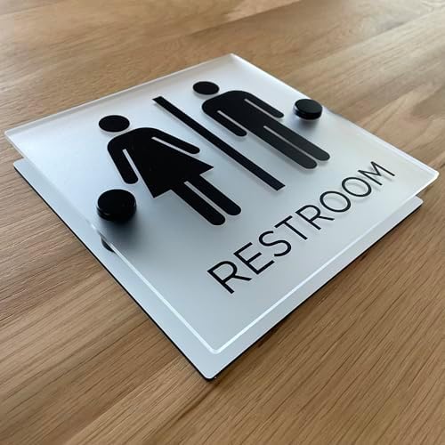 Restroom sign, matte acrylic with stainless steel mounting hardware (7" x 7" man/woman with word "RESTROOM", NO braille)