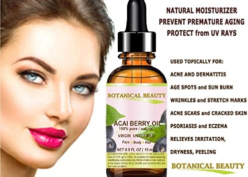 Botanical Beauty ACAI BERRY OIL 100% Pure Natural Virgin Unrefined Cold Pressed Carrier Oil. 0.5 Fl Oz 15 ml for Face, Skin, Hair, Lip, Nails. Rich in Vitamin E