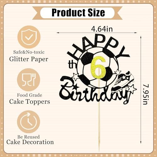 Soccer Ball Happy 6th Birthday Cake Topper - Black Glitter Football Theme Cake Decorations for 6 Year Old Soccer Themed Birthday Party Decoration Supplies