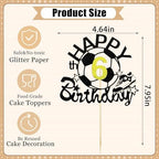 Soccer Ball Happy 6th Birthday Cake Topper - Black Glitter Football Theme Cake Decorations for 6 Year Old Soccer Themed Birthday Party Decoration Supplies