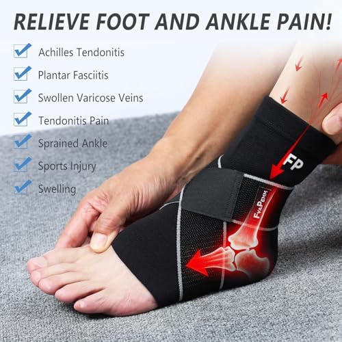 Ankle Support Brace for Women Men, 1 Pair Achilles Tendonitis Brace for Plantar Fasciitis Relief, Copper Infused Ankle Compression Sleeve with Adjustable Strap, Support for Sprained Ankle, Day&Night, Black, M