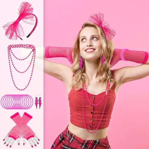 80s Outfit for Women, Fancy Dress Costume Accessories Lace Headband Earrings Fishnet Gloves Necklace Bracelet for Women 80s Themed Party