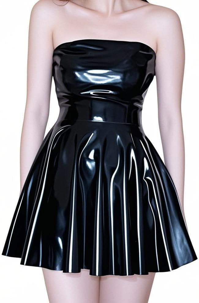 ABWL Black Latex Dresses for Women,Handmade Rubber Sleeveless Dress with Back Zipper,for Cosplay Club Costume