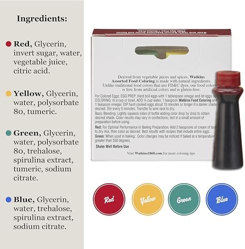 Watkins Assorted Food Coloring, 1 Each Red, Yellow, Green, Blue, Total Four 0.3 oz bottles, 4 Count (Pack of 1)