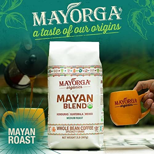 Mayorga Organic Coffee 12oz Mayan Blend - Medium Roast Whole Bean Specialty Grade Coffee, 100% Arabica, Slow Roasted, Chocolate and Floral Flavor with Low Acidity - USDA Organic, Non-GMO, Kosher