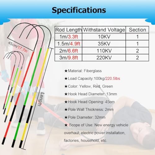 10-220 KV Fiberglass Electrical Rescue Hook, 3.3-9.8' Factory Hotstick Rescue Hook with Non-Slip Handle, 18" Opening 220 Lbs(Yellow,1.0m/3.3ft)