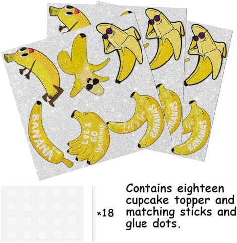 18pcs Yellow Glitter Fruit Banana Dessert Cupcake Topper Pick for Let’s Go Banana Theme Decor Supplies Baby Shower Men Women Boys Girls Happy Birthday Party Decorations