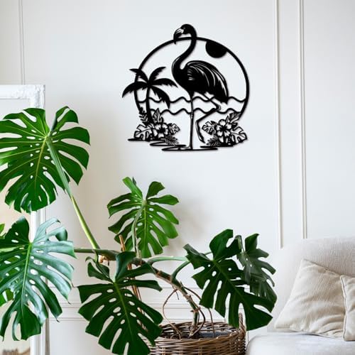 Flamingo Palm Tree Metal Wall Art, Rustic Wall Decor Indoor Pink Flamingo Sign Wall Plaque Artwork, Tropical Theme Bird Wall Decor for Bathroom Home Room Housewarming Gift Black