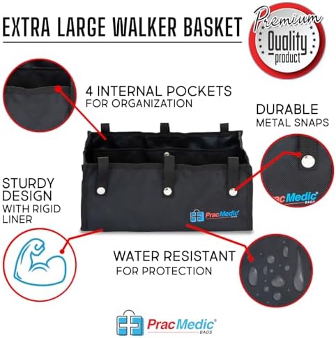 Extra Large Under Seat Rollator Bag Basket for Folding or Bariatric Walker, Rolling Walker Accessories for Seniors, Storage Bag for Medical Essentials, Oxygen Tank, Shopping by PracMedic Bags (Black)