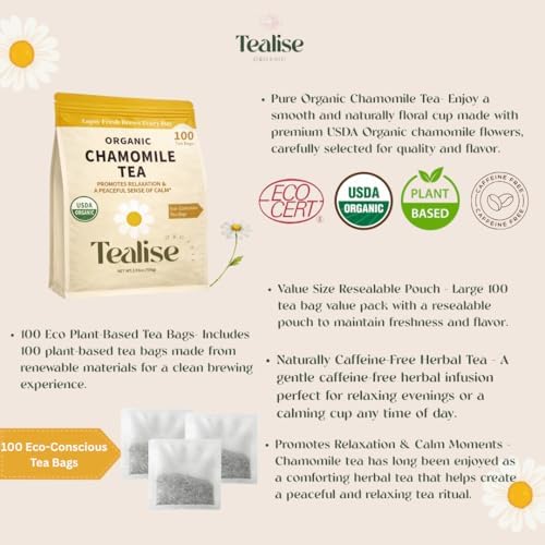 Organic Chamomile Tea Bags – Chamomile Herbal Tea – Caffeine Free Relaxation & Calm Tea – 100 Plant-Based Tea Bags – USDA Organic – Tealise