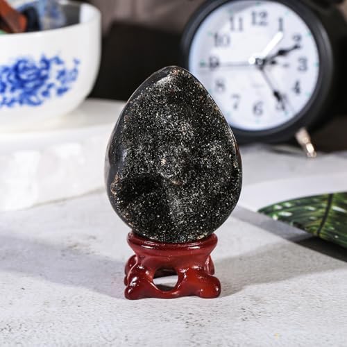 Reiki Healing Black Septarian Dragon Stone Geode Egg Figurine with Resin Stand, Natural Black Septarian Dragon Crystal Egg for Home Office Decoration, 61-70 MM