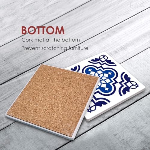 Coasters for Drinks Set of 6, Navy Blue Ceramic Tiles Geometric Pattern Absorbent Square Ceramic Stone Mat, with Cork Base and Metal Holder, Gift for Housewarming Room Bar Decor