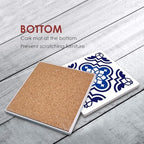 Coasters for Drinks Set of 6, Navy Blue Ceramic Tiles Geometric Pattern Absorbent Square Ceramic Stone Mat, with Cork Base and Metal Holder, Gift for Housewarming Room Bar Decor