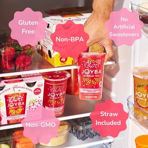 Joyba Bubble Tea Raspberry Dragon Fruit Black Tea with Popping Boba, 4 Pack, 12 fl. oz. Cups