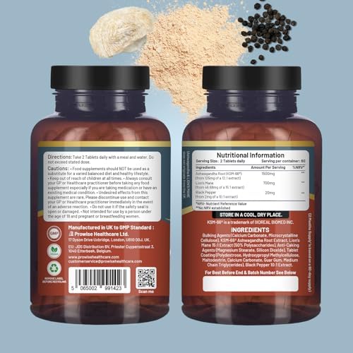 KSM-66 Ashwagandha and Lions Mane Tablets - High Strength 2200mg | KSM-66 Ashwagandha Root Extract and Lions Mane Mushroom Extract - 120 Vegan Tablets with Black Pepper - UK Made by Prowise