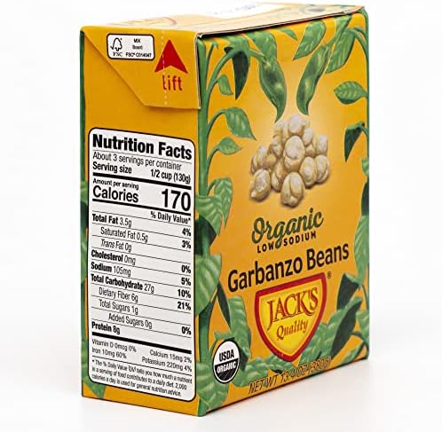 Jack's Organic Chickpeas Garbanzo Beans 13.4 oz. | Packed with Protein and Fiber, Heart Healthy, Low Sodium & Non GMO | (8-PACK)
