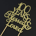 100 Years Blessed & Loved Cake Topper for 100th Birthday, Wedding Anniversary Party Decorations Gold Glitter