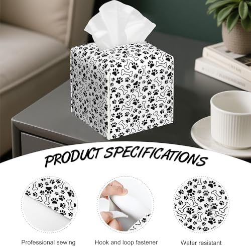 Animal Paws Tissue Box Cover,Dog Bones PU Leather Tissue Box Holder Square,Modern Home Decoration for Bathroom Living Room Kitchen Office Car,5.2"×5.2"×5.2"