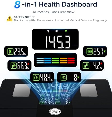 GE Scale for Body Weight, Body Fat, BMI, Muscle Mass, Smart Bathroom Scales with 14 Body Composition Metrics with Large Display, Accurate Bluetooth Weighing Machine with Fitness App, 400 lbs, Black