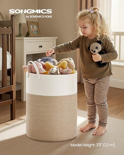 SONGMICS Laundry Hamper, Cotton Rope Laundry Basket with Handles, for Children, Toys, Clothing, Living Room, Bedroom, 21.1 Gallons, 15.7 x 15.7 x 23.6 Inches, White and Grayish Brown URLH062LZ01