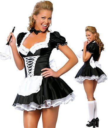 Women's French Maid Costume Sexy Black Satin Halloween Fancy Dress S-5XL