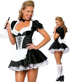 Women's French Maid Costume Sexy Black Satin Halloween Fancy Dress S-5XL