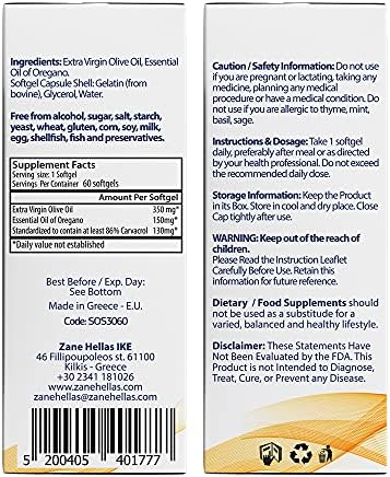 Zane Hellas 130 mg Carvacrol - 150 mg Oregano Oil per Softgel. World Highest Concentration Oregano Oil Capsule. Softgel Contains 30% Greek Essential Oil of Oregano. 60 Softgels.