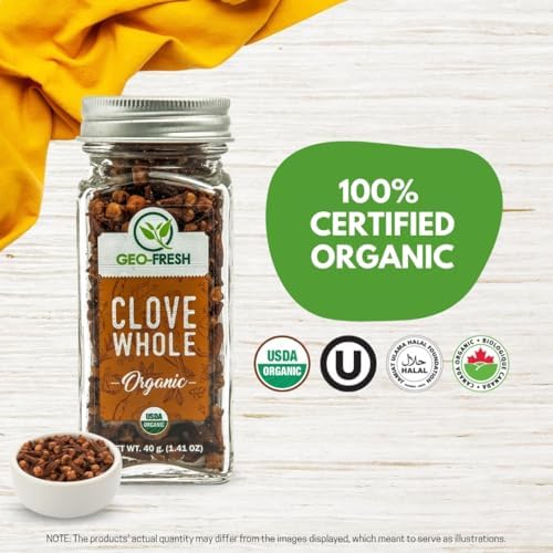 Geo-Fresh Cloves Whole Organic - 1.41 oz (40g) - Organic Cloves Whole - USDA Certified, Non-GMO, Kosher, Gluten Free - Clove Spice for Cooking & Baking - Product of India