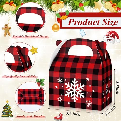 TaoBary 24 Pcs Christmas Cookie Boxes Xmas Plaid Candy Treat Boxes with Handles 3D Cardboard Christmas Gift Giving Bag with Vibrant Print for Party Gifts Candy Chocolate Treats Cookie Holiday Favor
