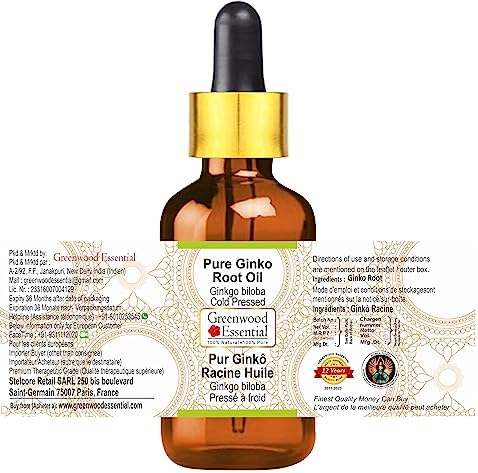 Greenwood Essential Ginko Root Oil (Ginkgo biloba) with Glass Dropper | Cold Pressed | Natural | Undiluted | for Diluting Essential Oils | for Skin & Massage | Men & Women | 10ml (0.33 oz)