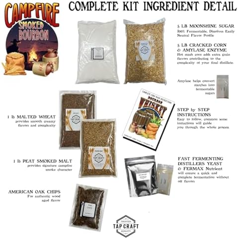 – Campfire Bourbon-Style Whiskey Recipe Kit – Cracked Corn & Smoky Malt Mash – Includes Oak Chips & Instructions – Home Distilling Kit for DIY Whiskey Maker