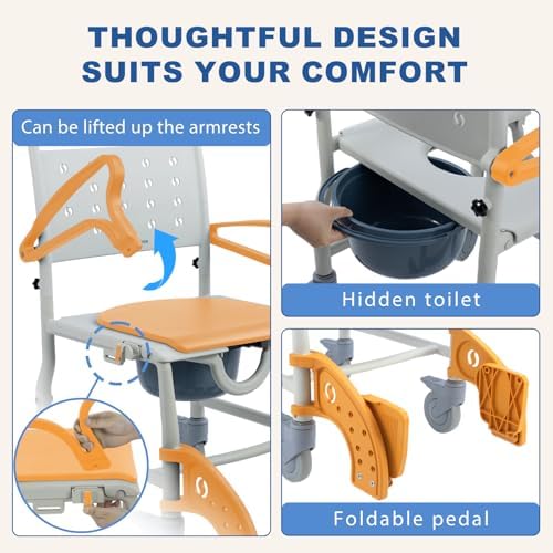 4-in-1 Rolling Shower Chair with Wheels for Elderly – Shower Commode Chair with Bucket & Locking Casters, Bedside Toilet Riser for Seniors, Easy-to-See Safety Design, Orange