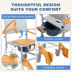 4-in-1 Rolling Shower Chair with Wheels for Elderly – Shower Commode Chair with Bucket & Locking Casters, Bedside Toilet Riser for Seniors, Easy-to-See Safety Design, Orange