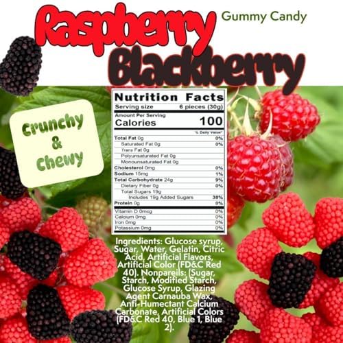 SweetGourmet Blackberry and Raspberry Gummy Candy with Nonpareils, Chewy Berry Shaped Treats, Red and Black, 2 Pound Bag