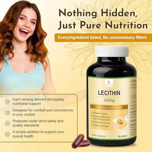 Sunflower Lecithin 2400mg 90 Softgels Rich in Phosphatidyl Choline, Non-GMO, Soy Free, Gluten Free Supplement Nervous System Support