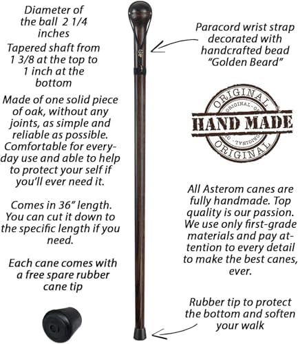 Asterom Handmade Walking Stick for Men - Solid Hardwood Carved Cane with Unique Paracord Skull Strap (Nutcracker)