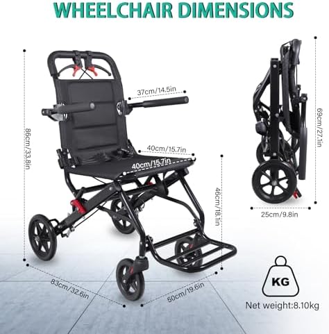 Ultra Lightweight Foldable Transport Wheelchair for Adults - Compact Portable Folding Travel Chair, Small Narrow Design for Tight Spaces, Lightweight Mobility Aid Suitable for Seniors & Kids