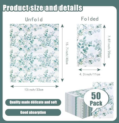 SietDESEO 50 Pieces 3-Ply Greenery Eucalyptus Napkins - 13 x 15.7 Inches Disposable Guest Bathroom and Dessert Napkins - Hand Towels for Wedding, Birthday, Party, Paper Dinner