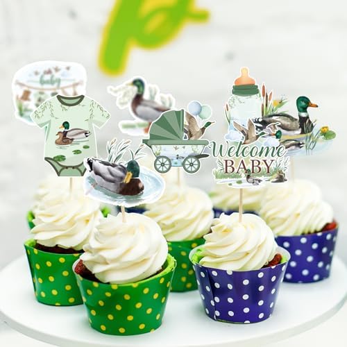 36Pcs Duck Hunting Cupcake Toppers - Mallard Duck Baby Shower Decorations with 6 Pattern Design, Oh Baby Theme Party Cake Topper Decor for Birthday Parties Favor