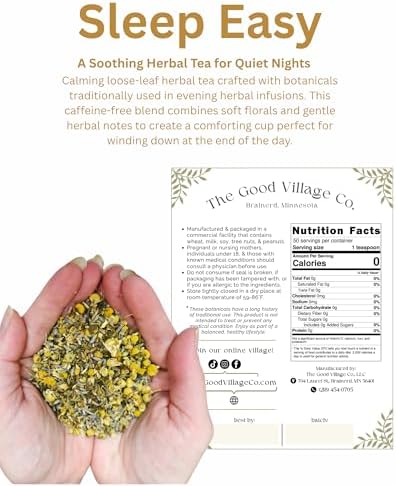 The Good Village Co. Sleep Easy Loose Leaf Herbal Tea, Caffeine Free Botanical Blend with Lemon Balm, Egyptian Chamomile Flower & Lavender, 2.5 oz, Approx. 50 Servings