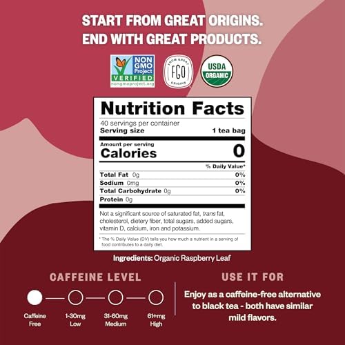 FGO Organic Red Raspberry Leaf Herbal Tea, 40 Count, Eco-Conscious Tea Bags, Caffeine Free (Pack of 1)
