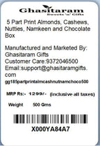 Ghasitaram Gifts Diwali Gifts Diwali Dryfruit - 5 Part Print Almonds, Cashews, Nutties, Namkeen and Chocolate Box