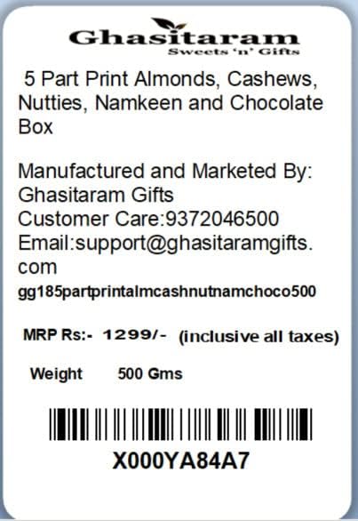 Ghasitaram Gifts Diwali Gifts Diwali Dryfruit - 5 Part Print Almonds, Cashews, Nutties, Namkeen and Chocolate Box