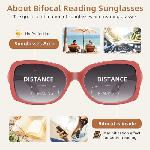 JM Classic Bifocal Reading Glasses Square Stylish Gradient Sunglasses Readers for Women +2.25 Red