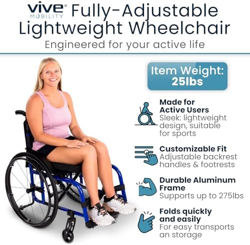 Vive Lightweight Manual Wheelchair - Narrow, Foldable Wheel Chair for Active Adults - Portable Transport, Small Compact & Folding - Collapsible for Travel - Fully Adjustable & Weighs Only 25 lbs