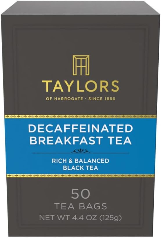 Taylors of Harrogate Decaffeinated Breakfast, Black Tea, Pillow Bags, 50 Count, (Pack of 1) Rich, Bright & Balanced, Decaffeinated, Enjoy Hot or Iced, 50 Teabags