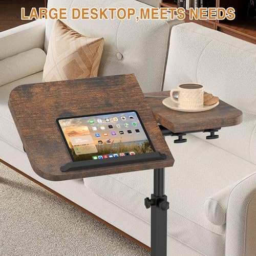 Large-Size Portable Laptop Rolling Desk with Wheels, Adjustable Height and Tilt Top Stable Mobile Over-Bed Table for Home Use - Brown